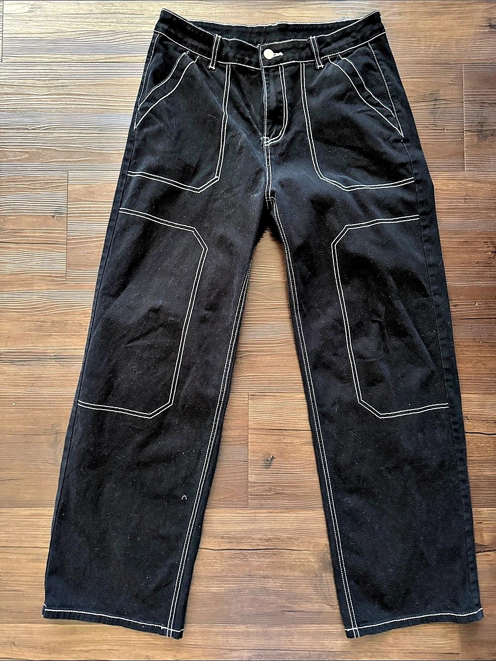 Black Contrast Stitch Straight Leg Pants